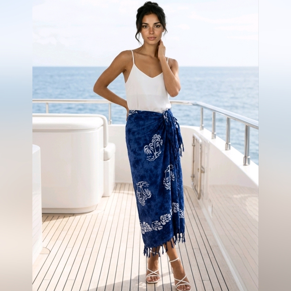Blue Tie-Dye Palm Tree Sarong Swim Cover-Up Fringe Beach Wrap Pareo Cruise Vacay